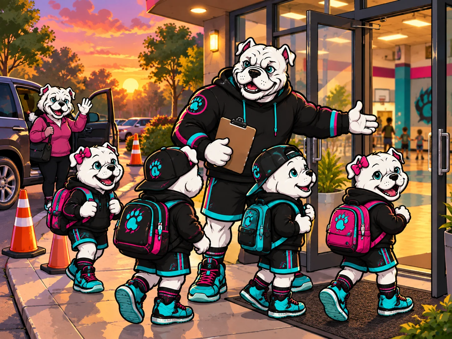 Bulldog mentor mascot guiding young mascots near a youth-center entrance, with a caregiver beside a parked car.
