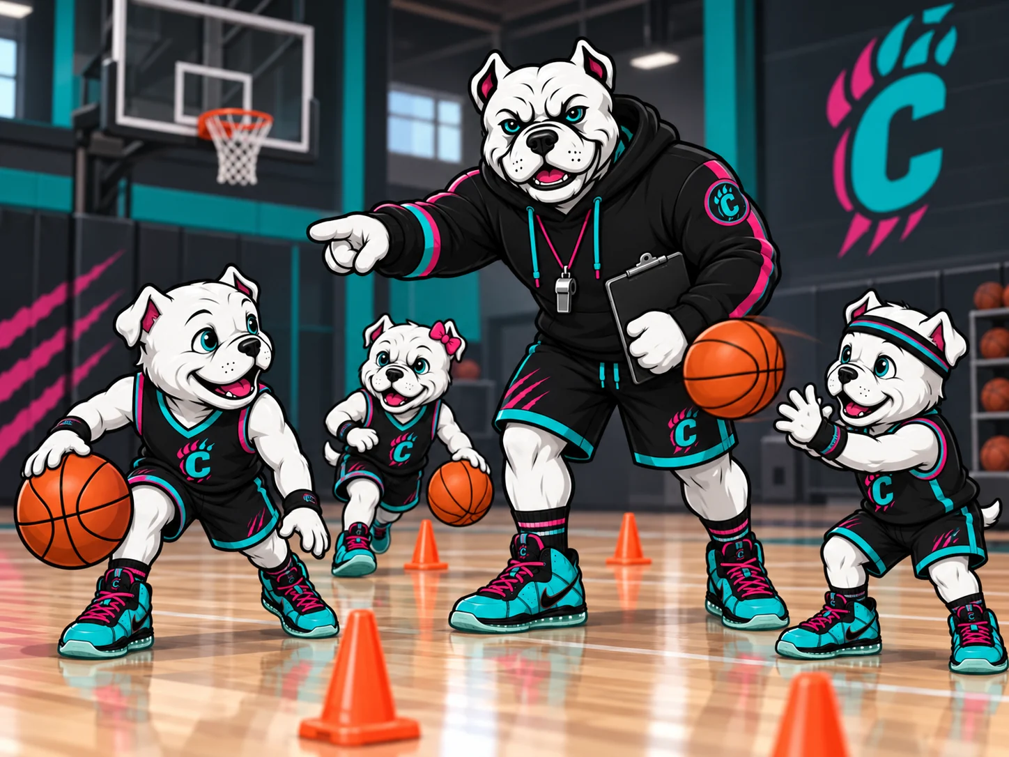 Bulldog coach mascot guiding young mascots through a basketball dribbling and passing drill.