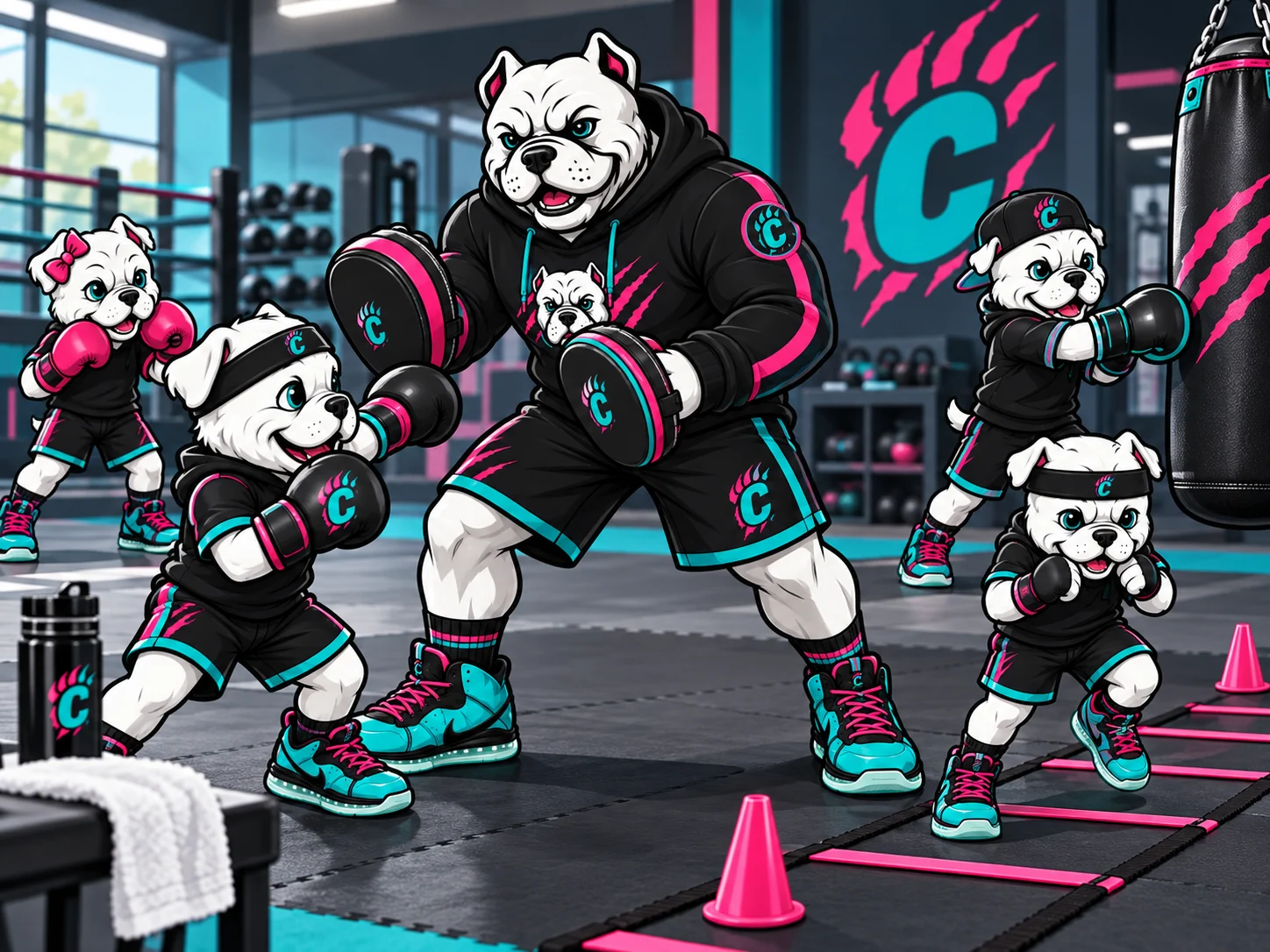 Bulldog coach mascot holding focus mitts while young mascots practice non-contact boxing and footwork.