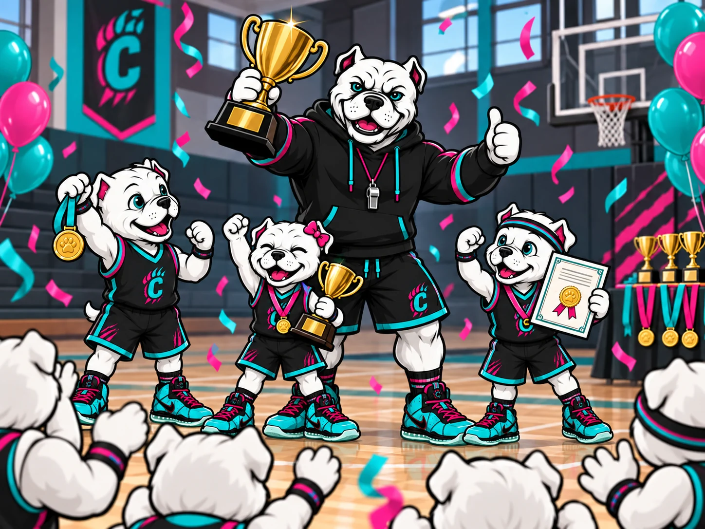 Bulldog coach and young mascots celebrating with awards, medals, and teal and pink streamers.
