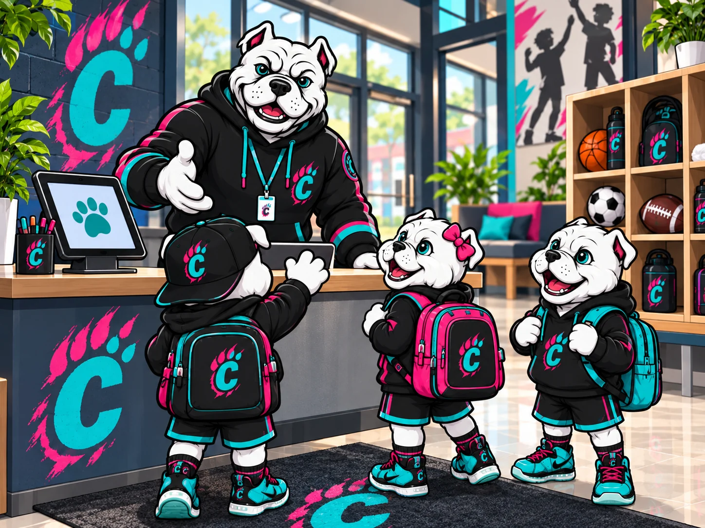 Bulldog staff mascot greeting young mascots with backpacks at an illustrated check-in desk.