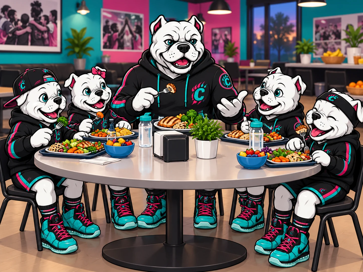 Bulldog mentor and young mascots sharing dinner and conversation around a community table.