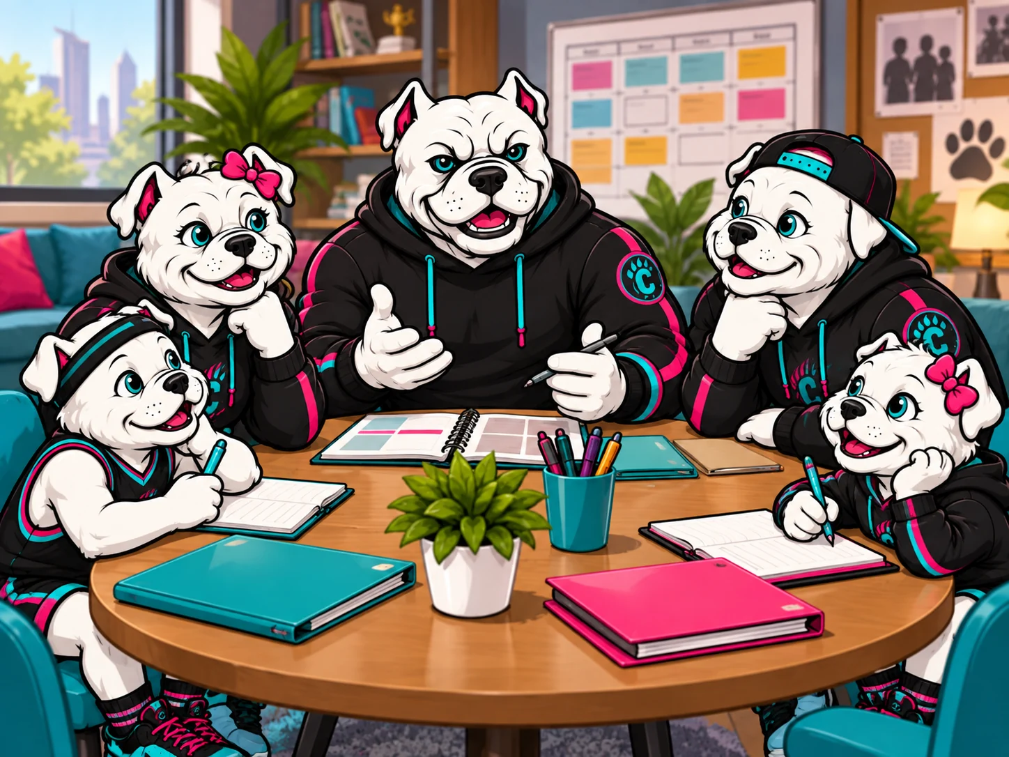 Adult and young bulldog mascots reviewing notebooks and a shared plan around a table.