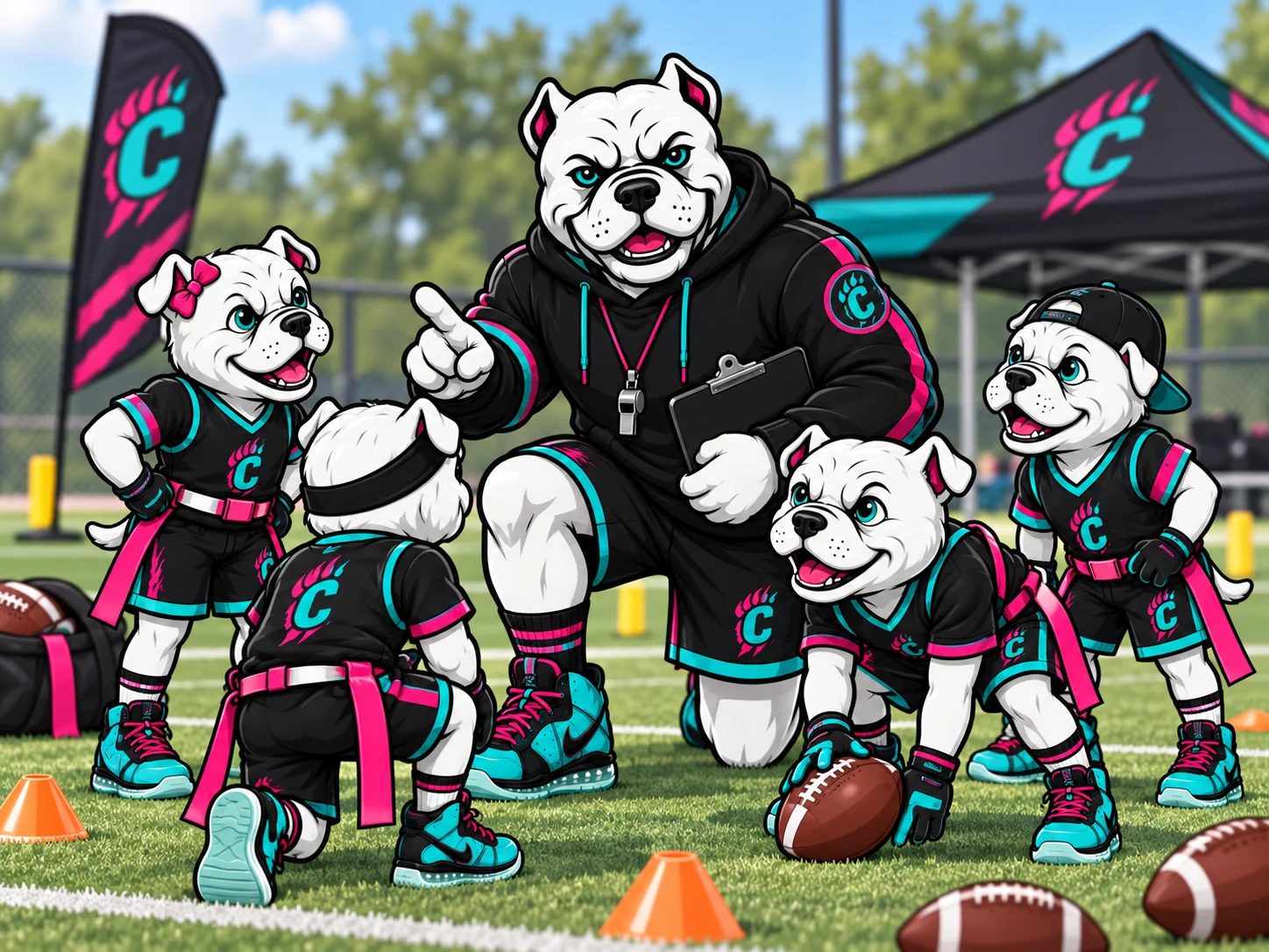 Bulldog coach mascot explaining a drill to young mascots wearing flag-football belts.