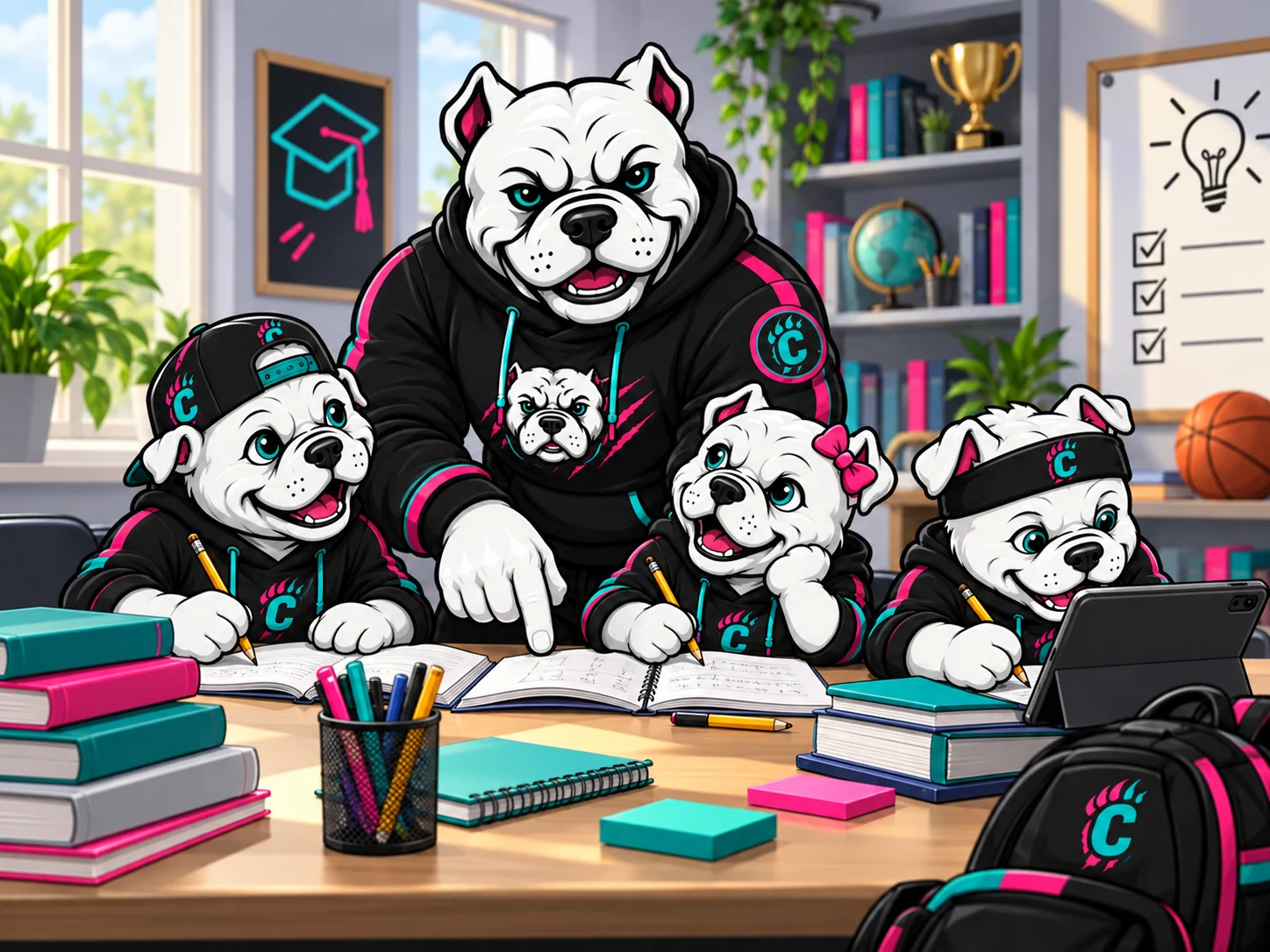 Bulldog mentor mascot helping three young mascots with books, notebooks, and homework.
