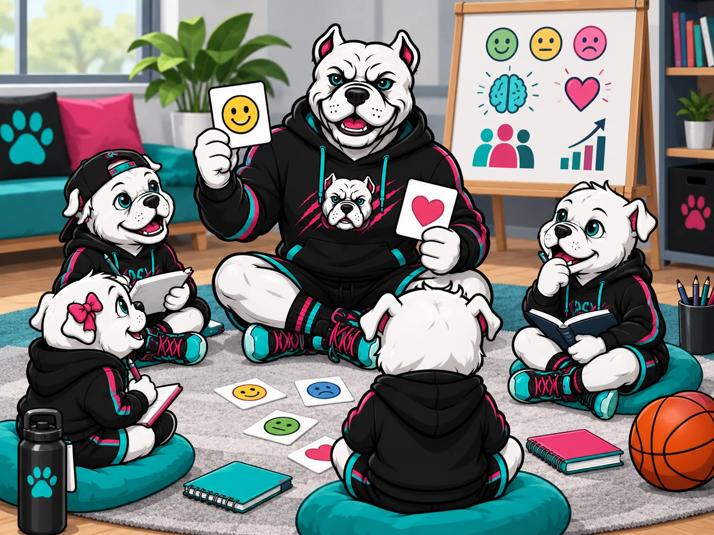 Bulldog mentor and young mascots practicing feelings vocabulary with visual cards in a circle.