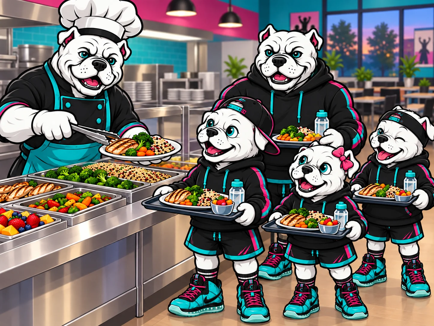 Chef bulldog mascot serving illustrated meals to youth and mentor mascots in a cafeteria line.