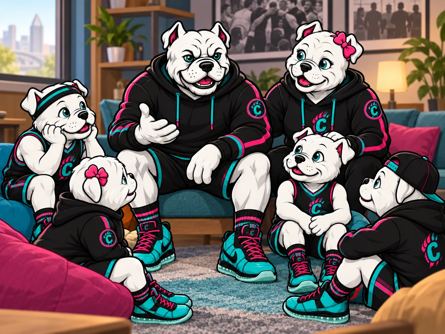 Two adult bulldog mascots listening and talking with young mascots in a comfortable group setting.