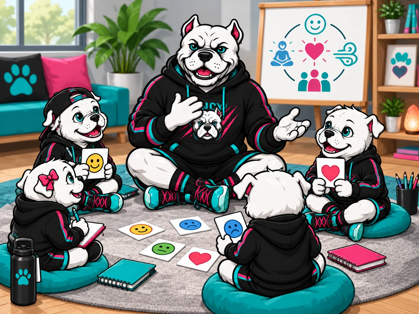 Bulldog facilitator mascot leading young mascots in a supportive circle with emotion cards and journals.