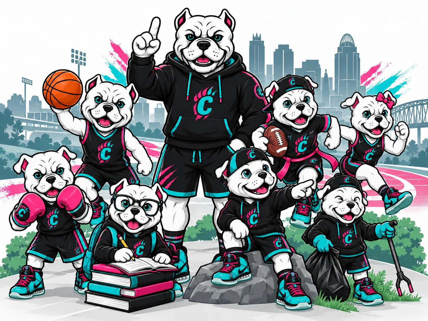 Bulldog mascots with sports equipment, books, and service tools against an illustrated Cincinnati-inspired skyline.