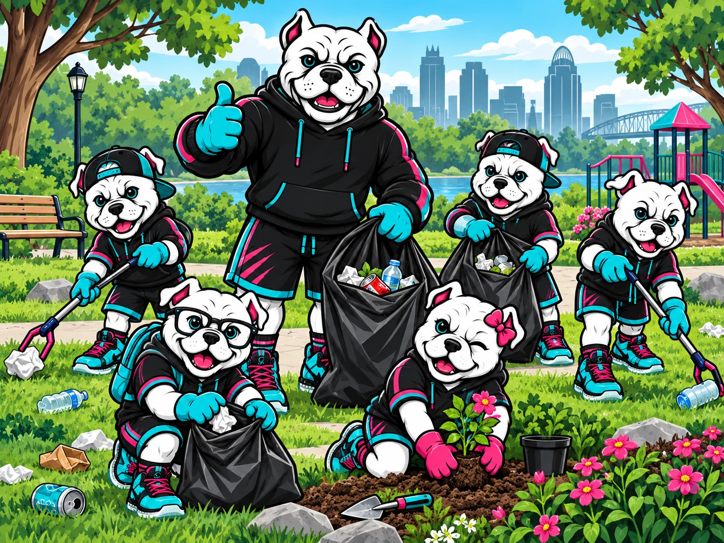 Bulldog mascots using gloves and litter grabbers and planting flowers in an illustrated neighborhood park.