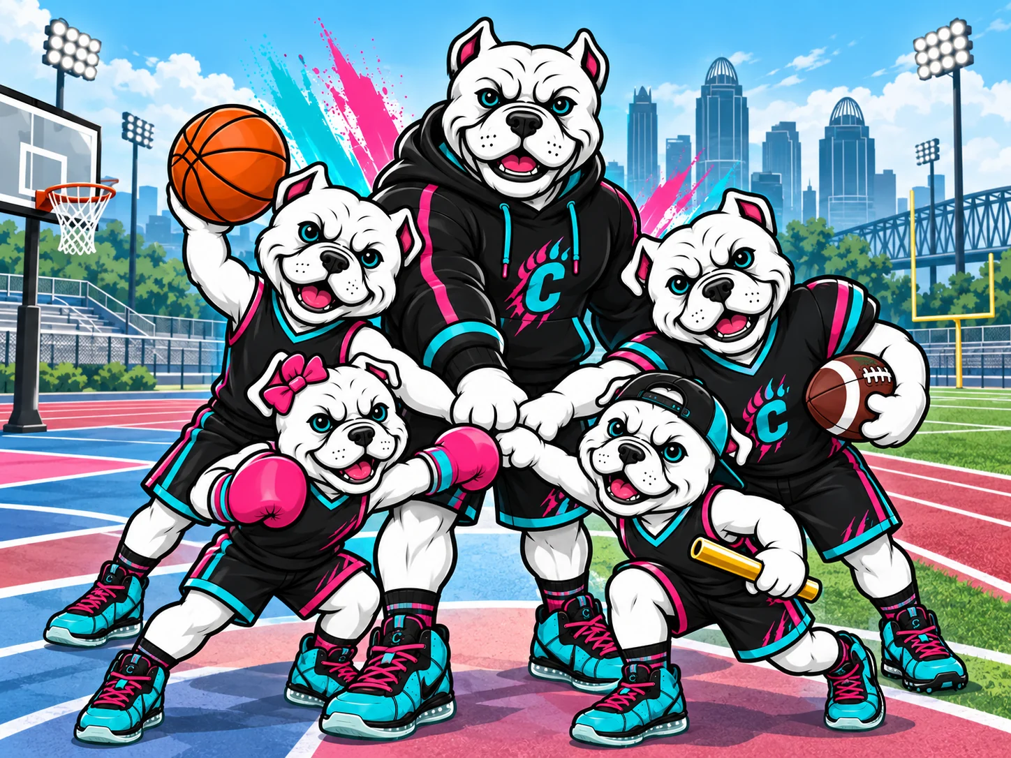 Bulldog coach and youth mascots joining a team huddle with a basketball, football, gloves, and relay baton.