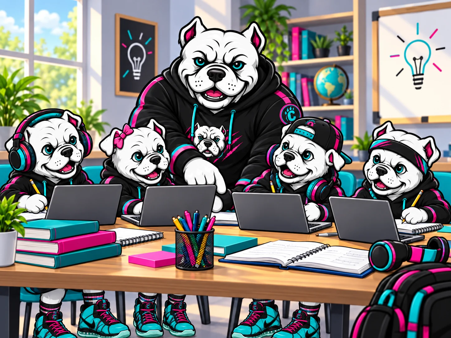 Bulldog mentor mascot assisting four young mascots working with laptops and school materials.