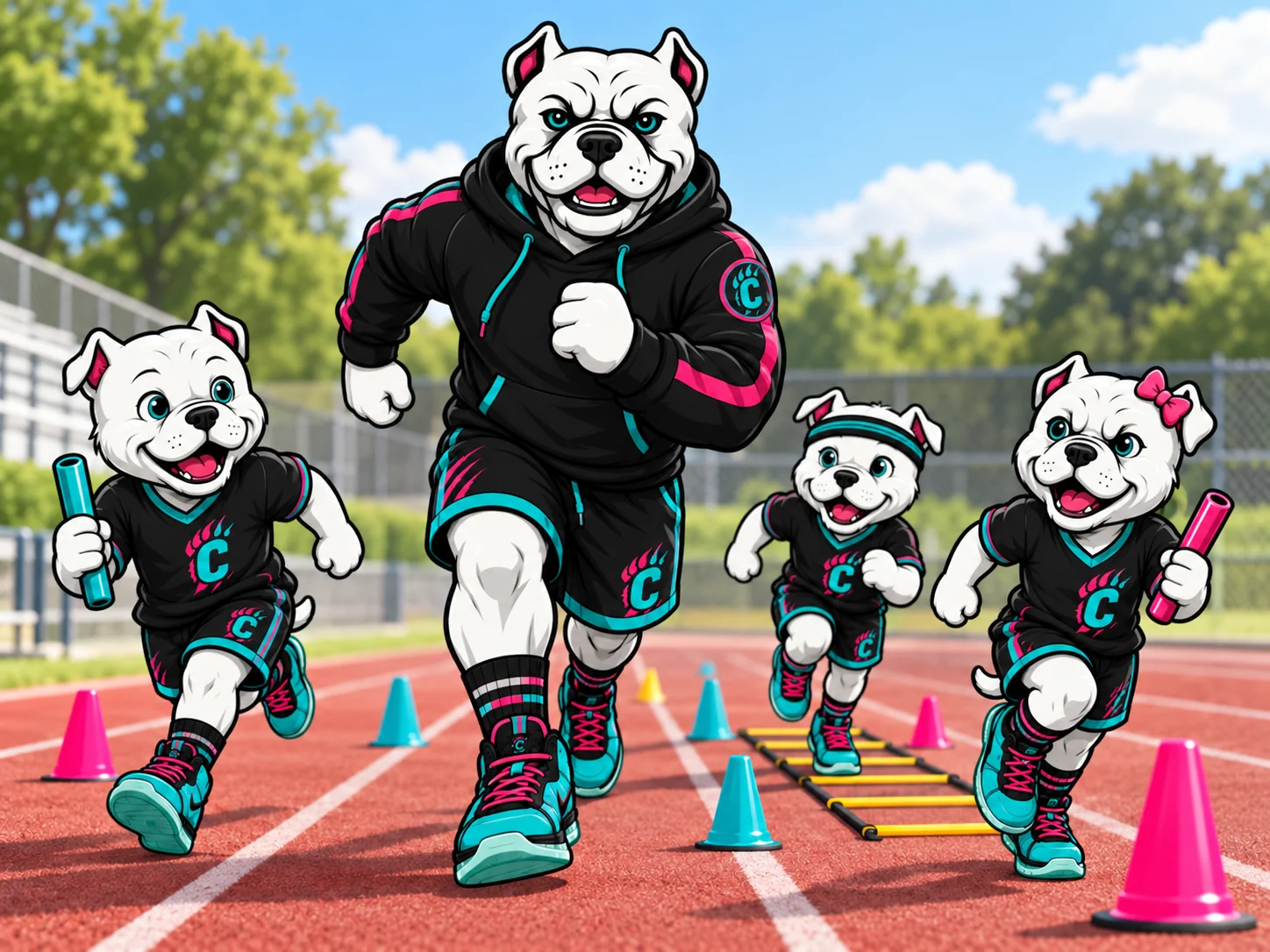 Bulldog coach and young mascots practicing running, agility, and relay skills on an illustrated track.