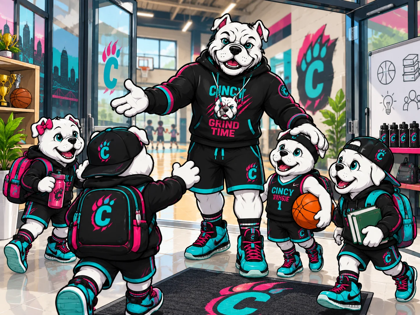 Bulldog coach mascot welcoming young mascots with backpacks into an illustrated youth center.